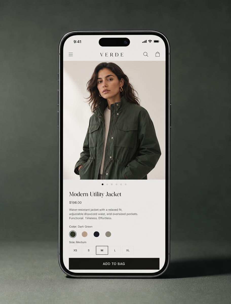 Bir moda markasının mobil ürün sayfasını gösteren telefon